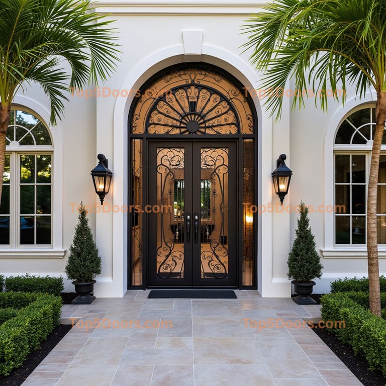 Black Metal and Glass Double Door with Decorative Accents
