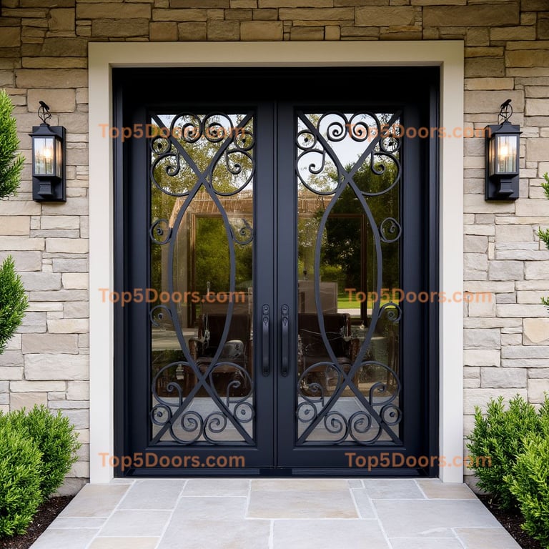 Black Metal Scrollwork Double Front Door