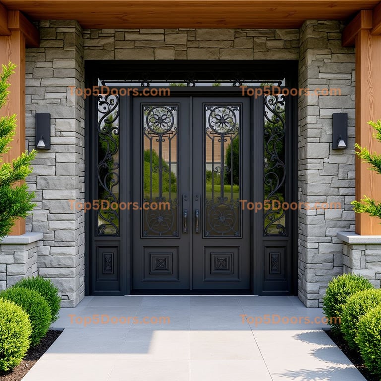 Elegant Black Double Front Door With Decorative Ironwork and Stone Facade