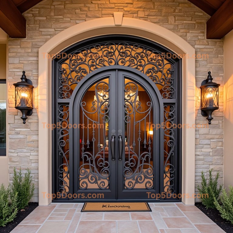 Black Wrought Iron Double Door with Arched Top