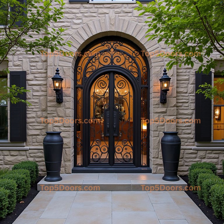 Black Wrought Iron Double Door with Amber Glass