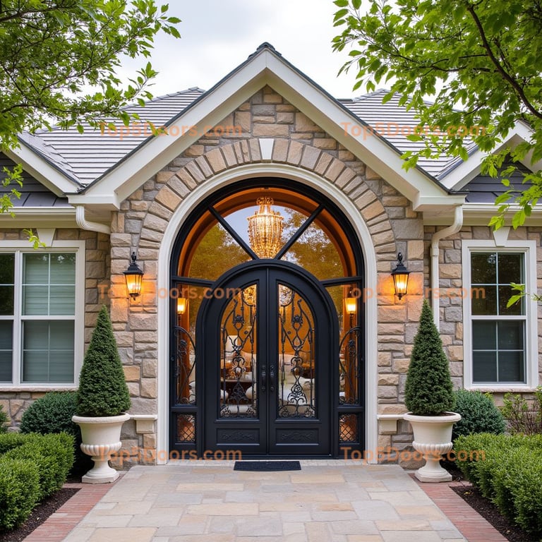 Black Wrought Iron Double Door with Arched Glass