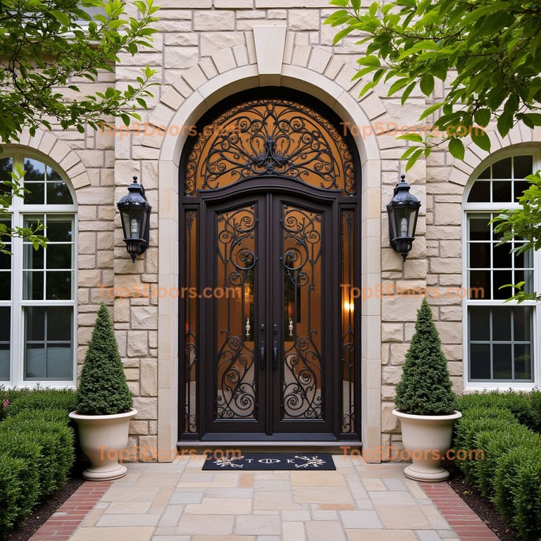 Bronze and Glass Double Door with Wrought Iron