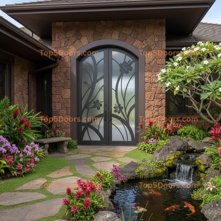 Contemporary Arched Iron Door with Decorative Scrollwork