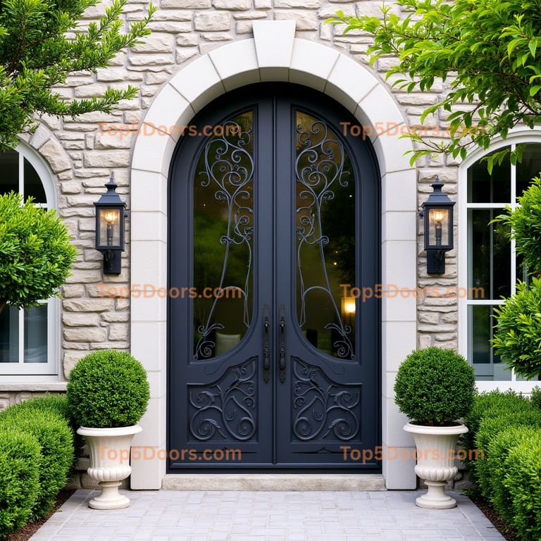 Dark Blue Arched Door with Wrought Iron