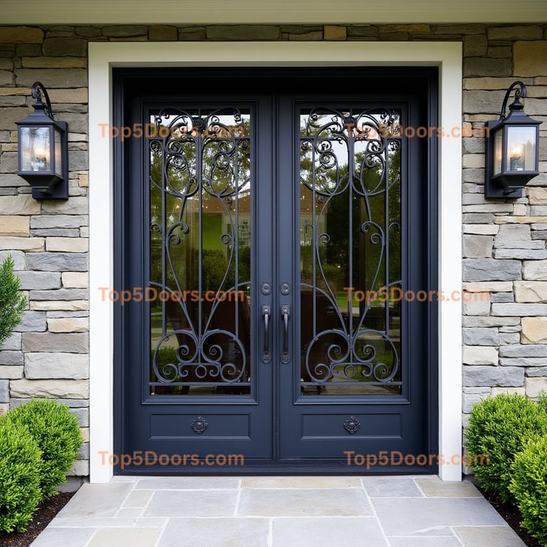Dark Blue-Gray Metal Doors with Glass and Iron