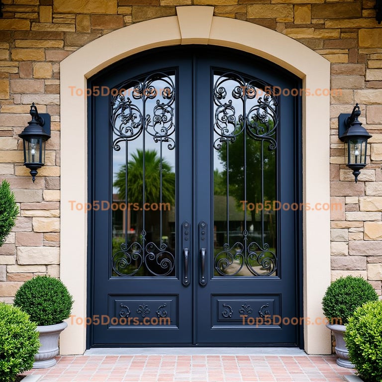 Dark Blue Metal Double Door with Glass and Scrollwork