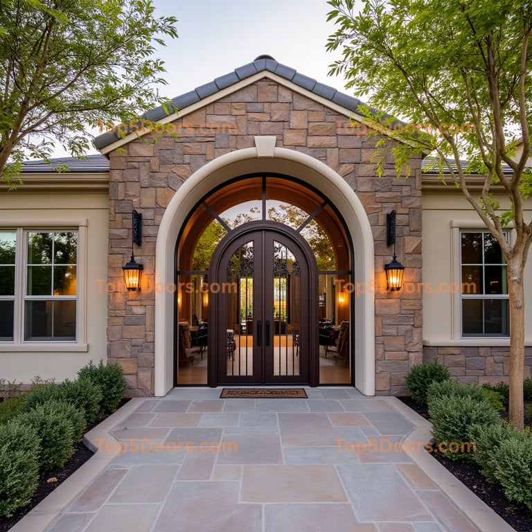 Dark Bronze Double Glass Door with Arched Window