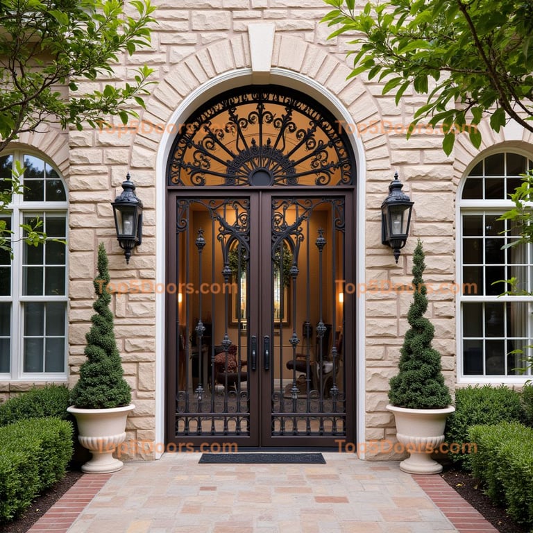 Dark Brown Double Doors with Wrought Iron Detailing
