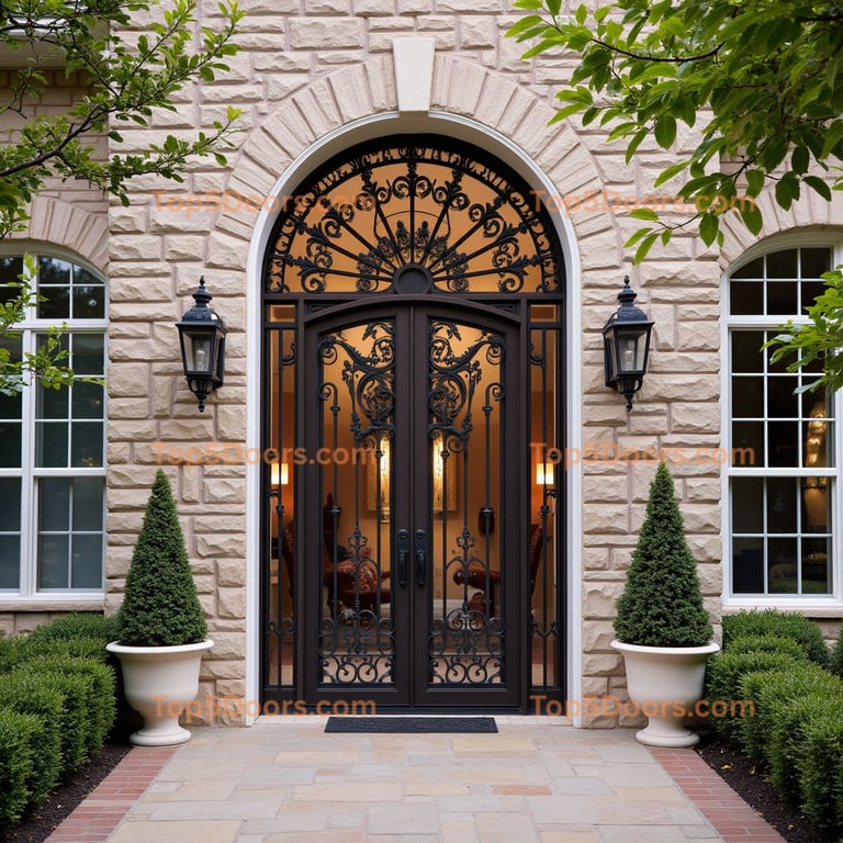 Dark Brown Metal Double Door with Wrought Iron