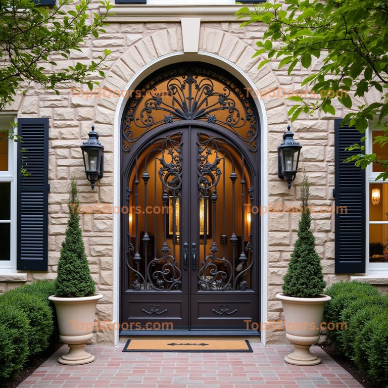 Dark Brown Metal Double Door with Wrought Iron Scrollwork