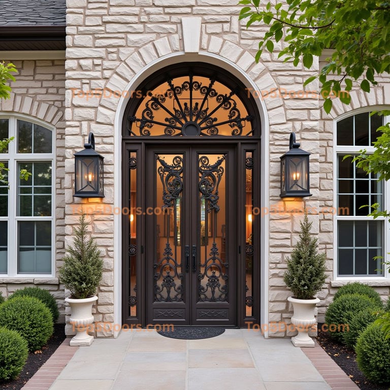 Dark Brown Metal Entry with Wrought Iron Scrollwork