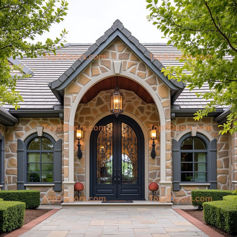 Dark Gray Double Door with Wrought Iron Scrollwork