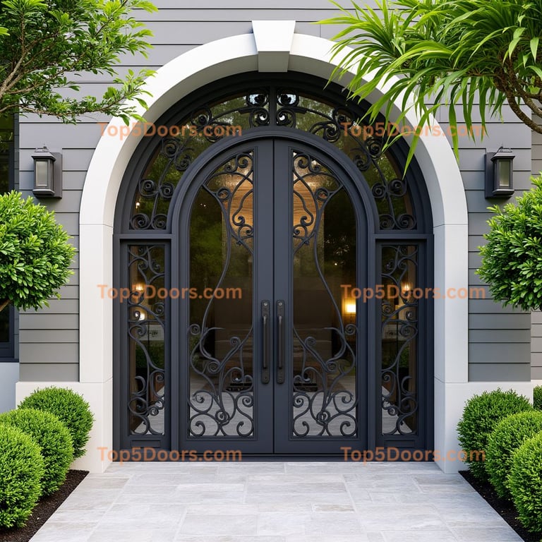 Dark Gray Metal and Glass Double Arched Door