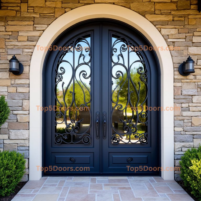 Dark Metal Arched Door with Glass Inserts