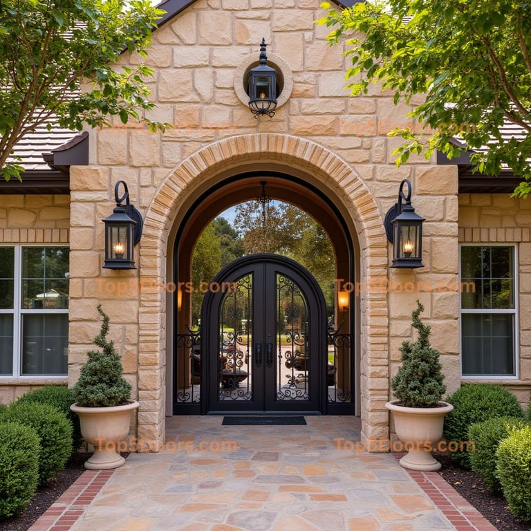 Dark Metal Arched Doorway with Wrought Iron Designs