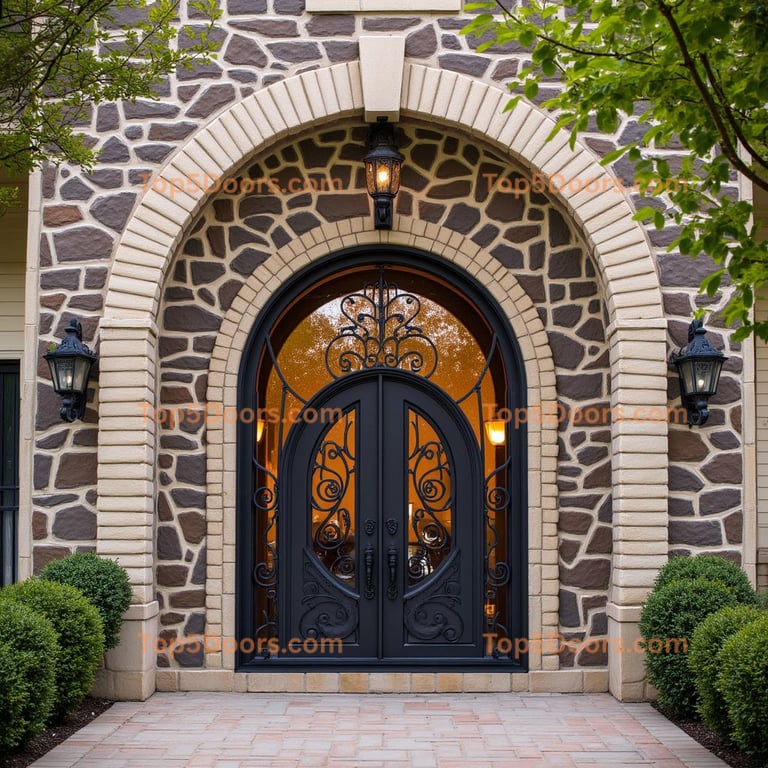 Dark Metal Double Door with Arched Glass