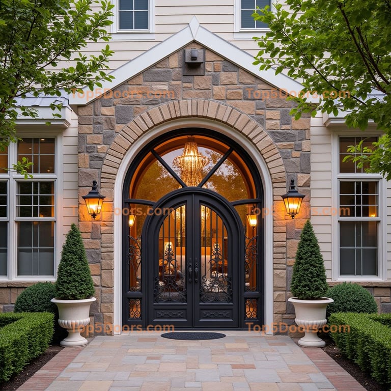 Dark Metal Double Door with Arched Glass