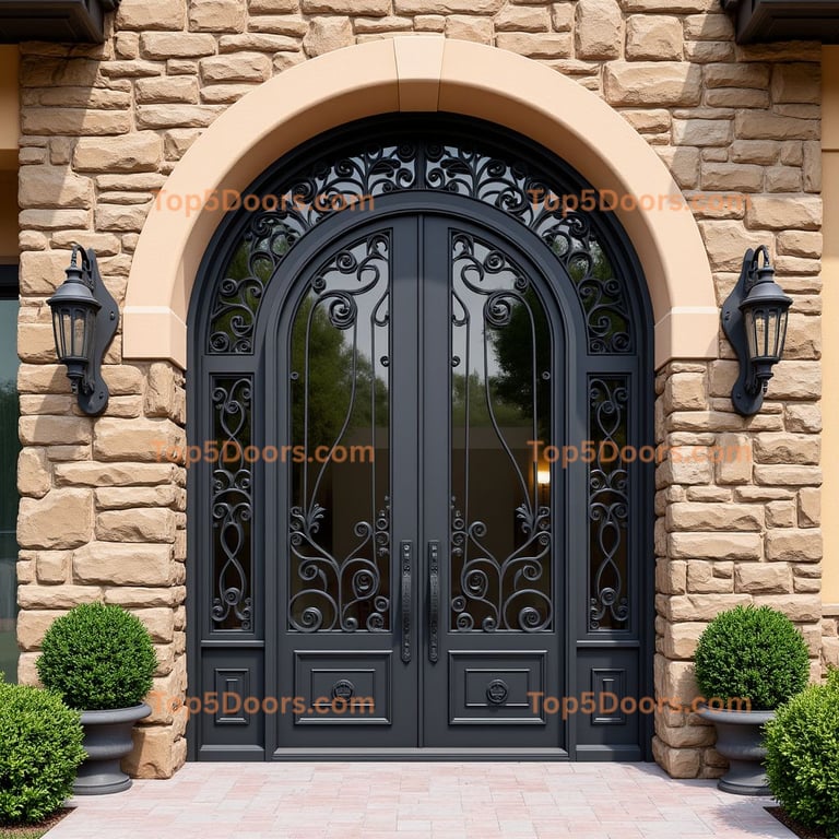 Dark Metal Double Door with Glass and Scrollwork