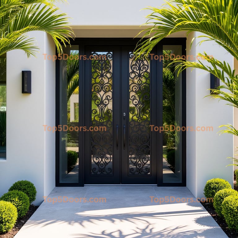 Dark Metal Double Door With Scrollwork Design and Glass Panels