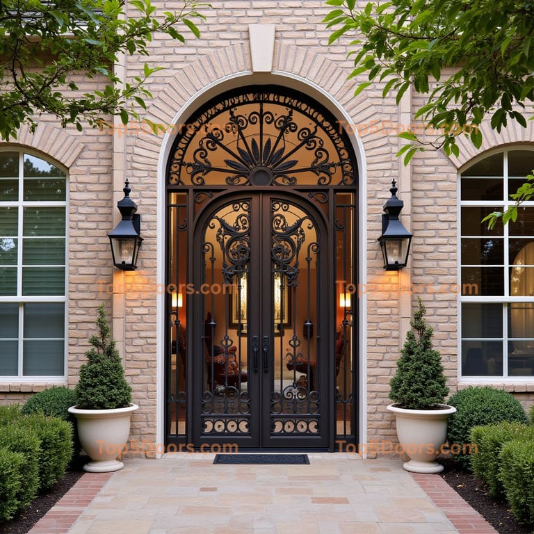 Dark Metal Double Door with Wrought Iron Designs