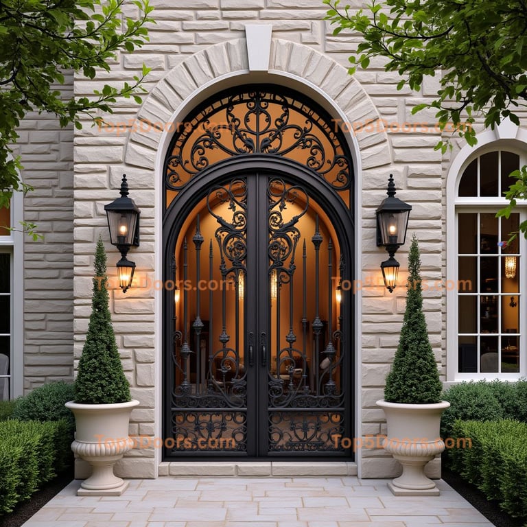 Dark Metal Double Door with Wrought Iron Designs