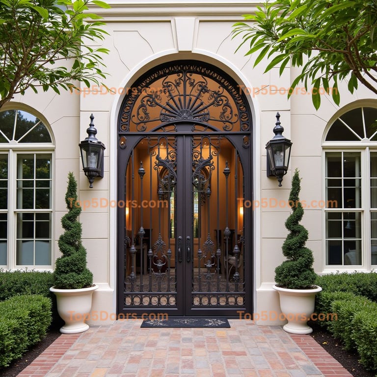 Dark Metal Double Door with Wrought Iron Designs