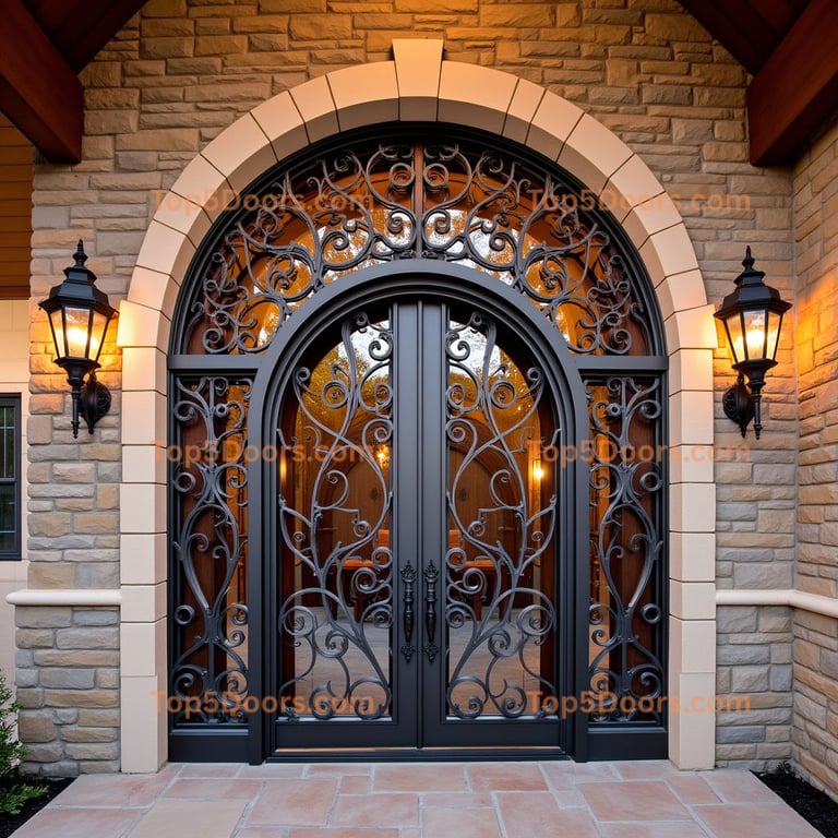Dark Metal Double Door with Wrought Iron Scrollwork