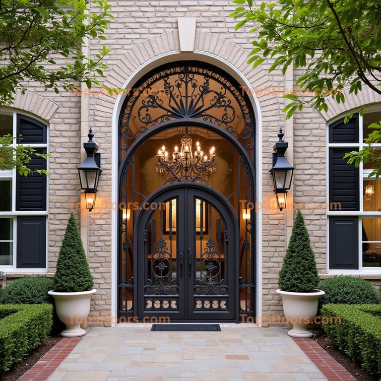 Dark Metal Double Doors with Ornate Ironwork