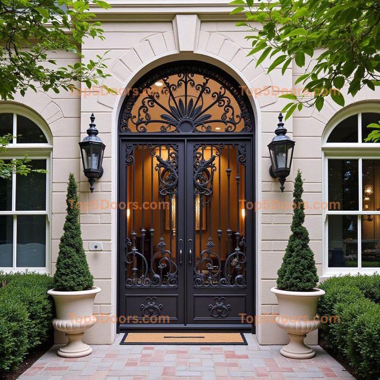 Dark Metal Double Doors with Ornate Scrollwork