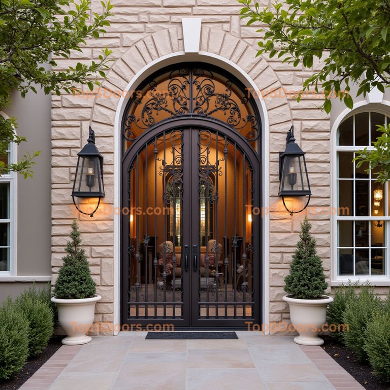 Dark Metal Double Doors with Wrought Iron Designs