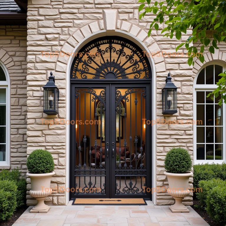 Dark Metal Double Doors with Wrought Iron Detailing