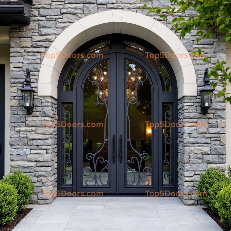 Dark Metal Double Front Door with Glass Panels