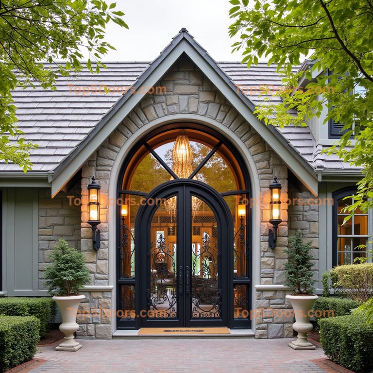 Dark Metal Entrance with Wrought Iron Scrollwork