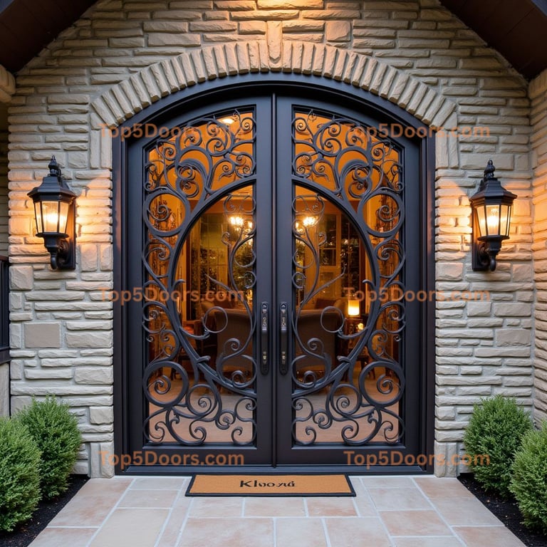 Elaborate Dark Metal and Glass Double Front Door