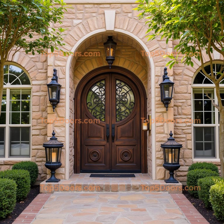 Dark-Stained Wood Double Door Entrance