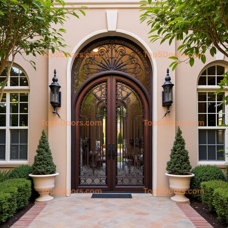 Dark-Stained Wood Double Door with Iron Scrollwork