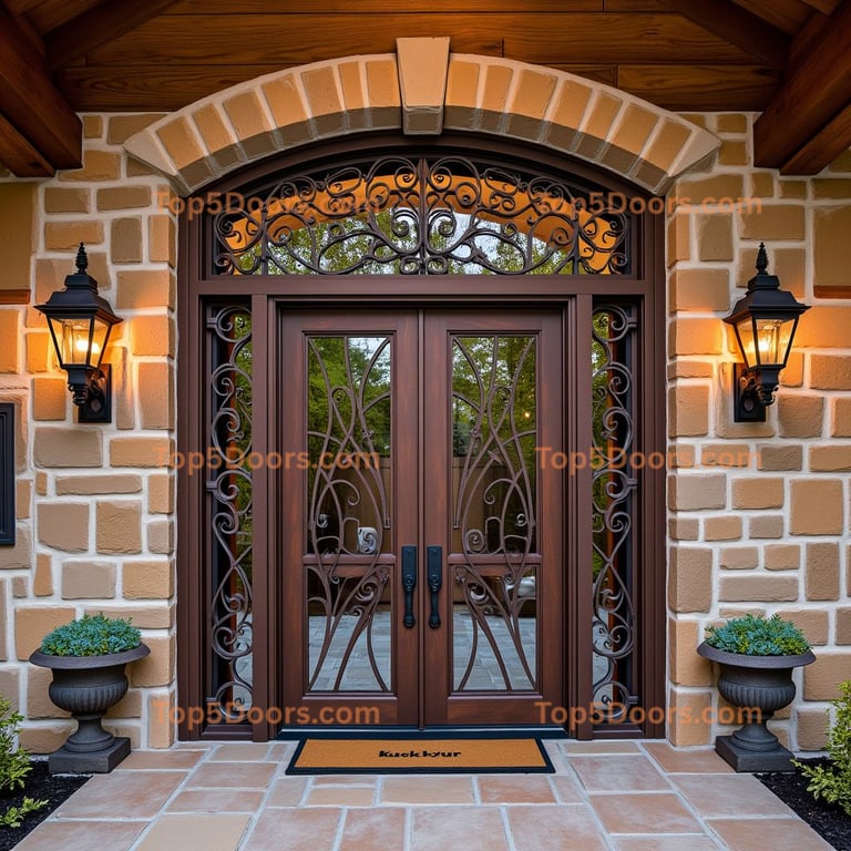 Dark Wood and Glass Entryway with Wrought Iron