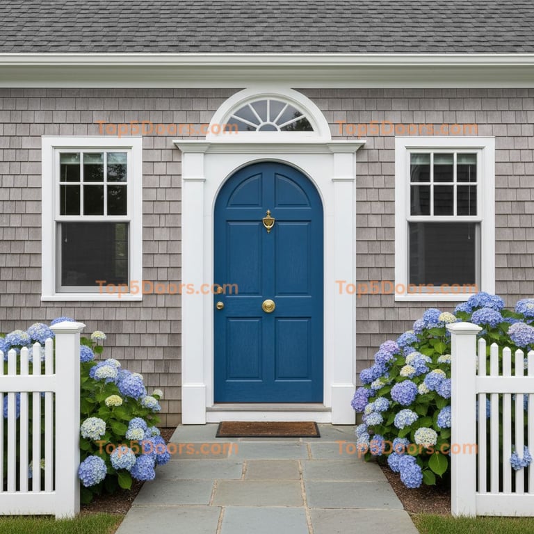 Arched Blue Paneled Door With Brass Hardware and Decorative Transom Window