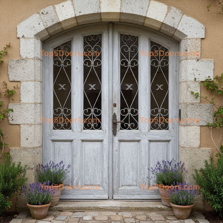Arched Light Gray Wood Double Door With Wrought Iron Grilles