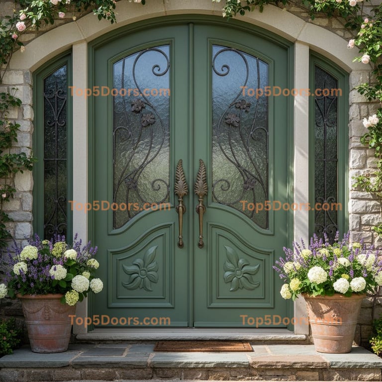 Arched Green Double Doors With Floral Carvings and Metal Scrollwork