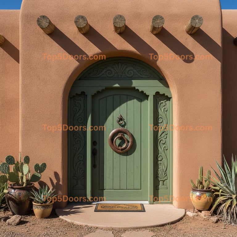 Arched Light Green Wood Door With Snake Knocker and Floral Carved Frame