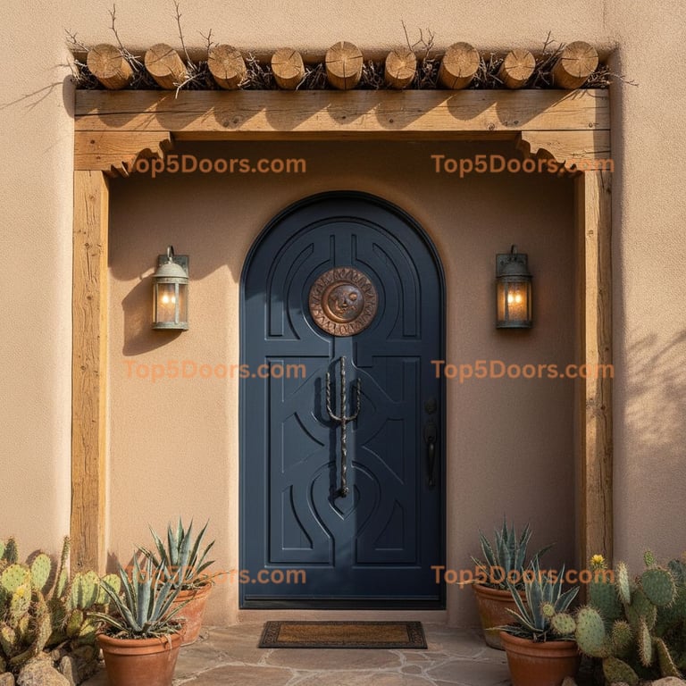 Arched Dark Blue Door With Sun Design in Tan Stucco Wall