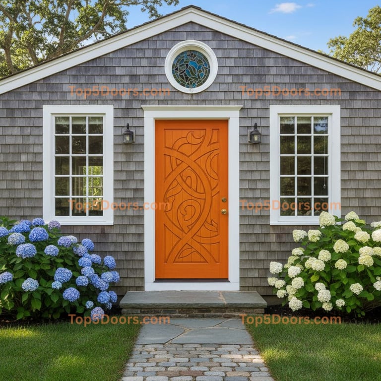 Intricate Carved Wood Door With Celtic Design and Round Stained Glass Window