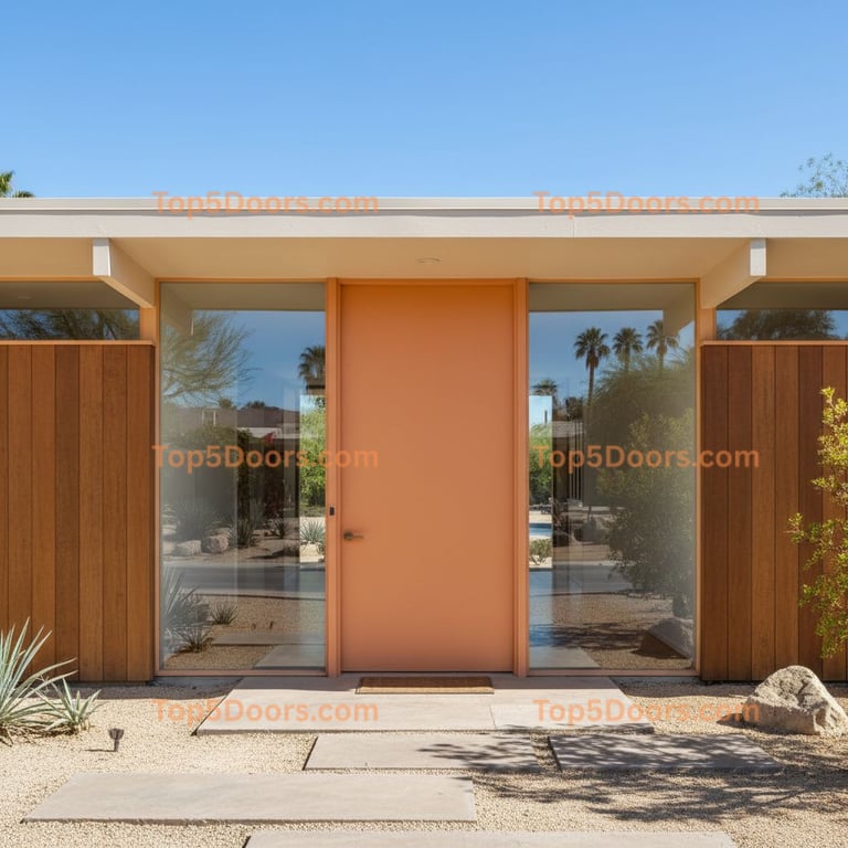 Peach Flat-panel Door With Horizontal Lever in Mid-century Modern Entryway
