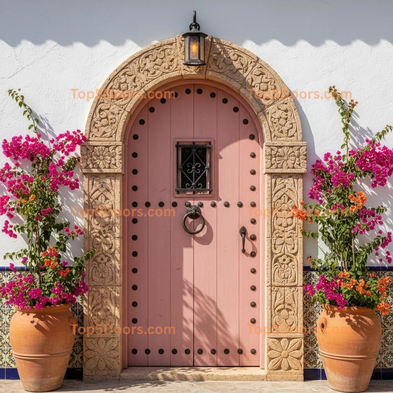 pink front door spanish colonial Door