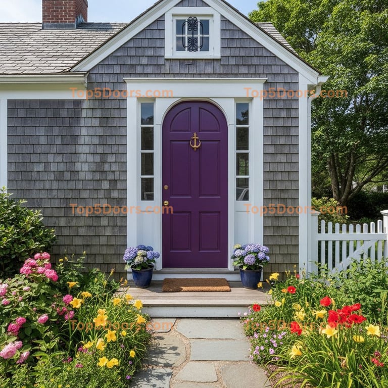 Arched Purple Front Door With Anchor Knocker and Sidelights