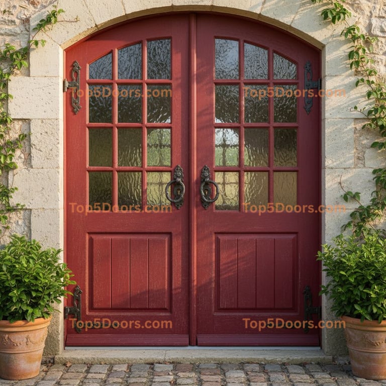 Elegant Red Arched Double Doors With Textured Glass and Stone Archway