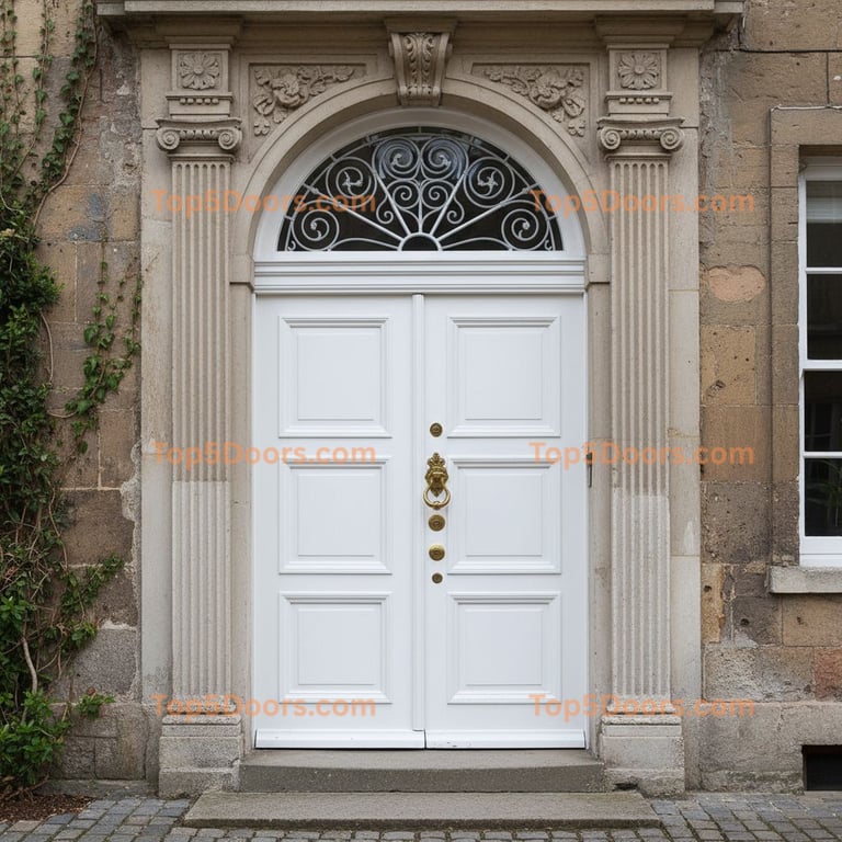 Elegant White Double Door With Lion Knocker in Stone Archway
