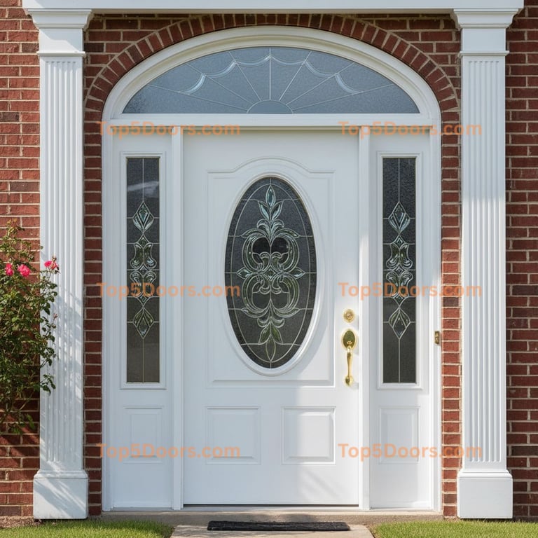 White Front Door With Oval Glass, Floral Accents, and Fluted Columns